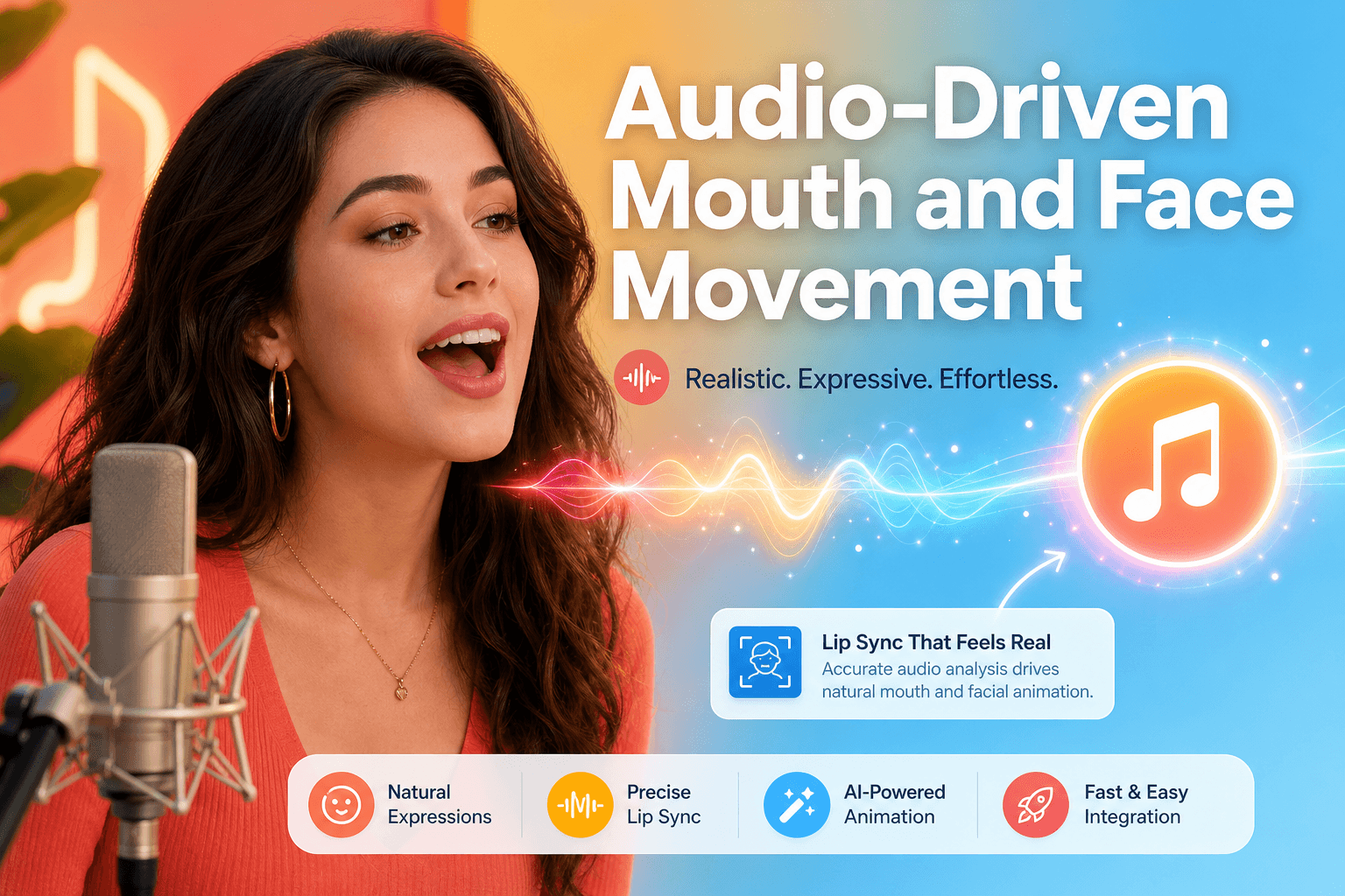 Audio-driven mouth and face movement synced to a vocal track