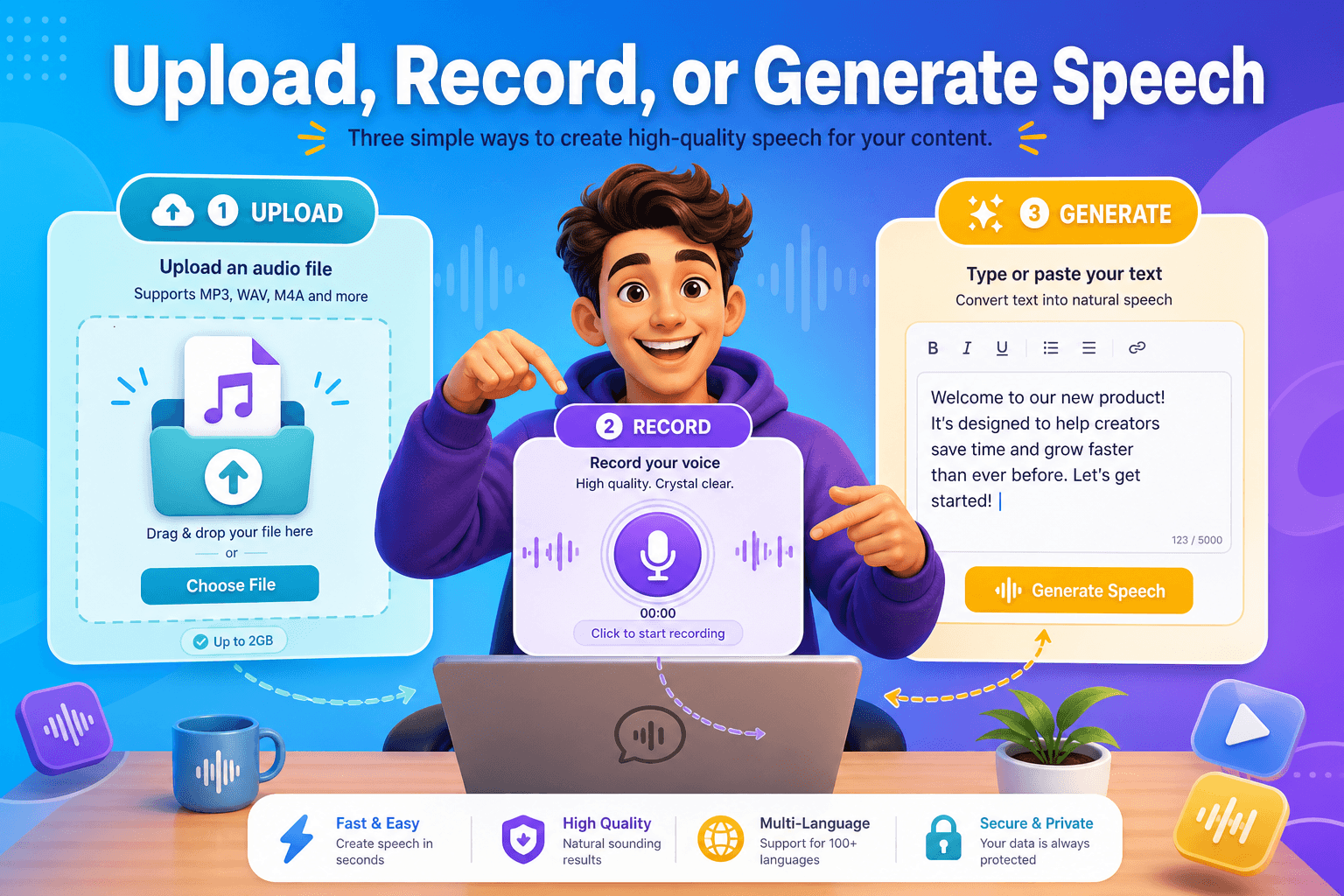 Upload audio, record in browser, or generate speech from text