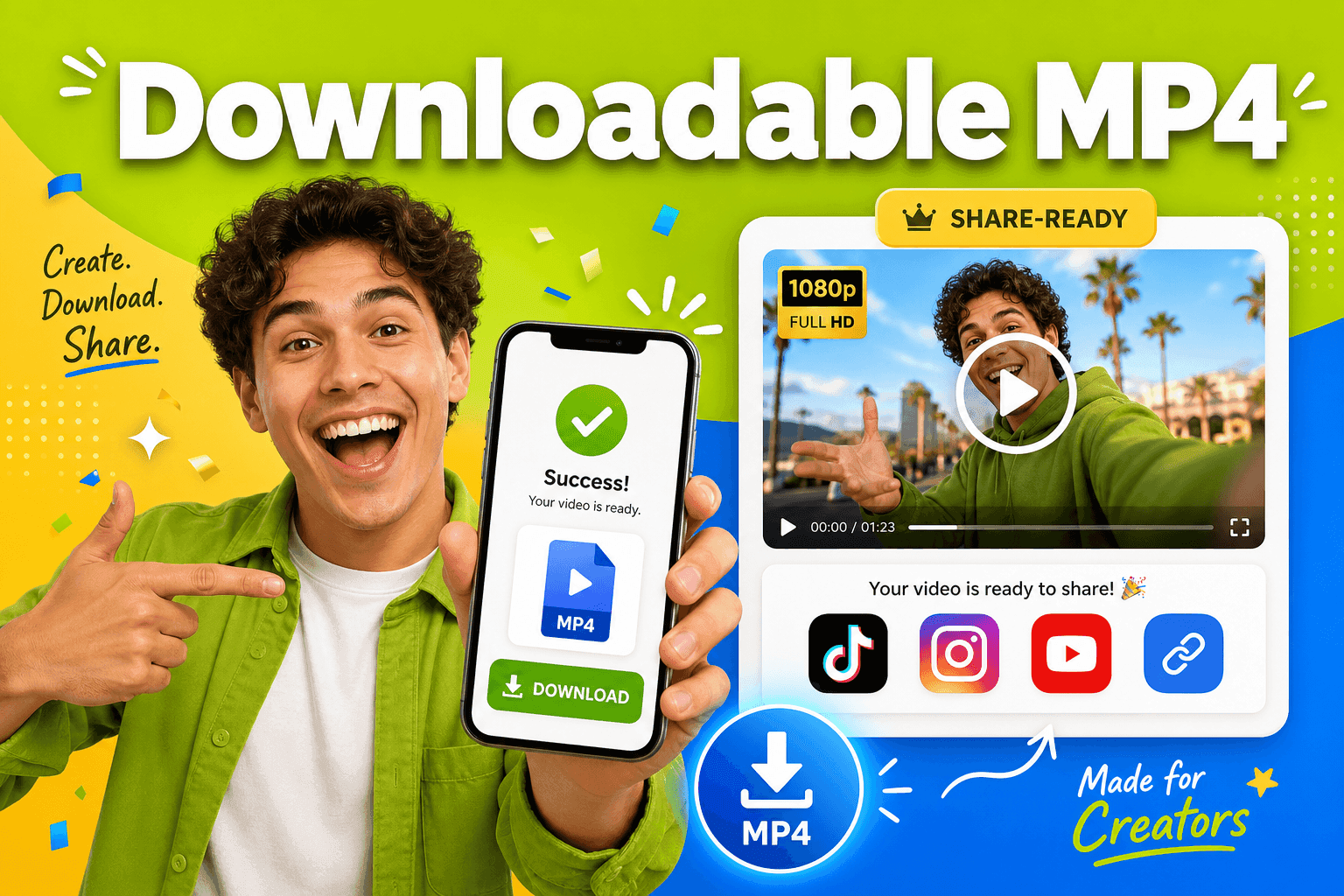 Download MP4 and share to TikTok, Instagram, and YouTube