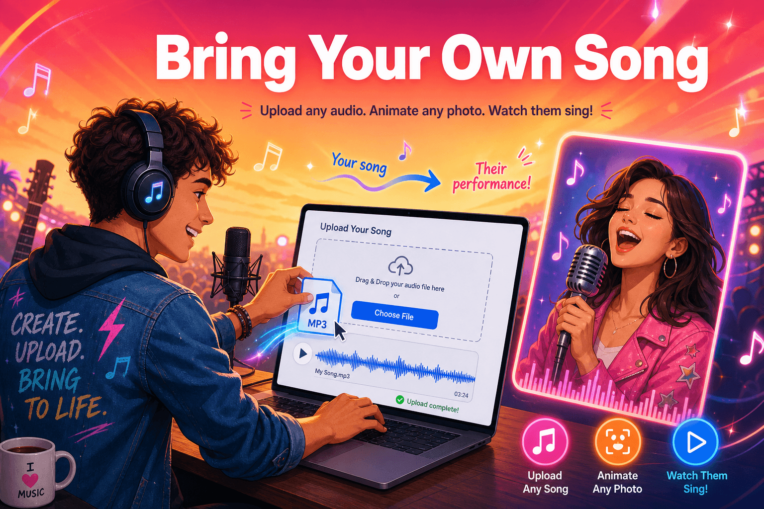 Upload your own song to drive a singing photo performance