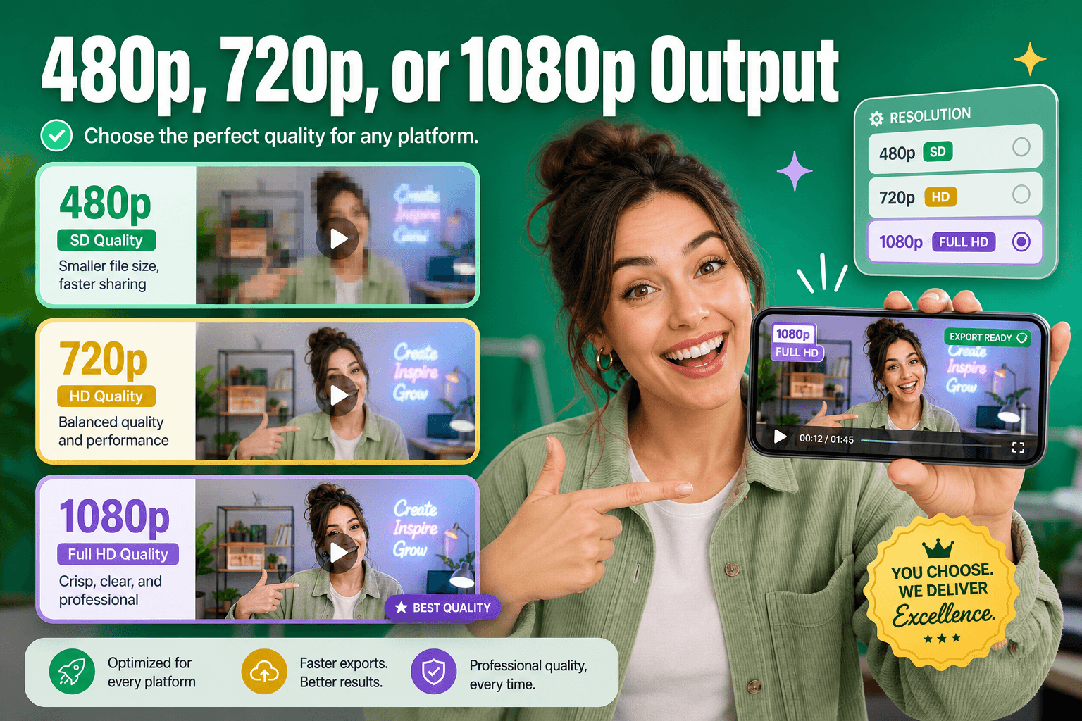 Choose 480p, 720p, or 1080p output resolution before generation